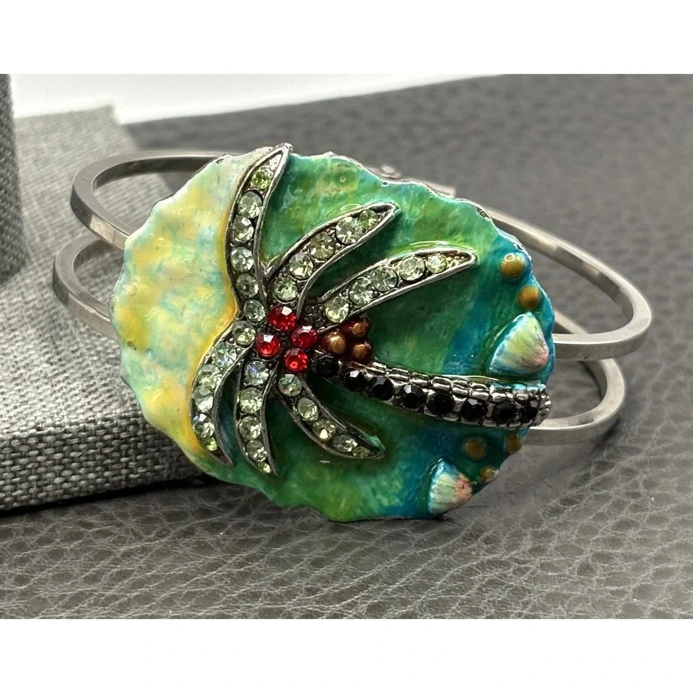 Vintage Tropical Palm Tree Clamper Bangle Enamel Rhinestone Beach Bracelet 7.5